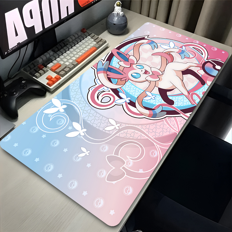 Esports Gaming Mousepad - แผ่นรองเมาส์สีชมพูขนาดใหญ่ XXL อุปกรณ์เสริมคอมพิวเตอร์สำหรับเล่นเกม P-pokemon Sylveon แผ่นรองคีย์บอร์ดสำหรับวางโต๊ะ
