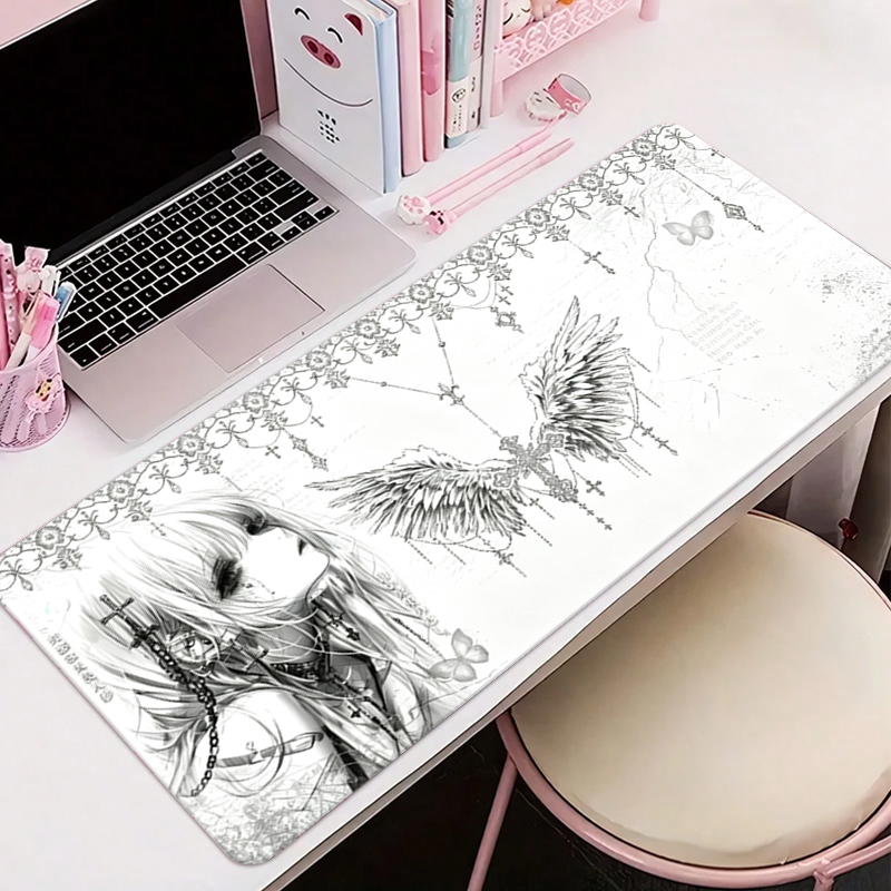 Esports Gaming Mousepad - แผ่นรองเมาส์หนังสีดำสีขาวอะนิเมะความงามของสาวนางฟ้าแผ่นรองเมาส์อุปกรณ์สำนักงานคีย์บอร์ดเกมพีซีอีสปอร์ต HD แผ่นรองโต๊ะ